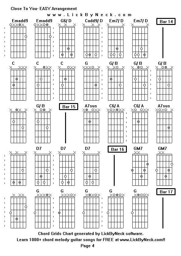 Chord Grids Chart of chord melody fingerstyle guitar song-Close To You- EASY Arrangement,generated by LickByNeck software.